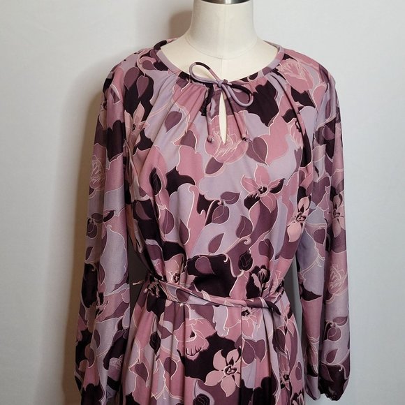 Vintage Dress Floral Polyester Purple Belted Long Sleeve Medium Damon Fashion 70 - Picture 2 of 10
